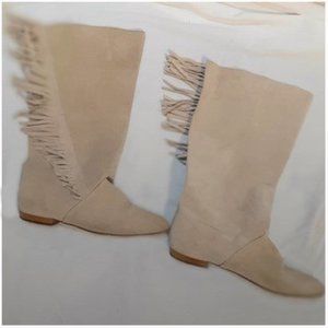 TURF SHOE - Cream suede leather boot, fringe, mid calf, Women's size 5